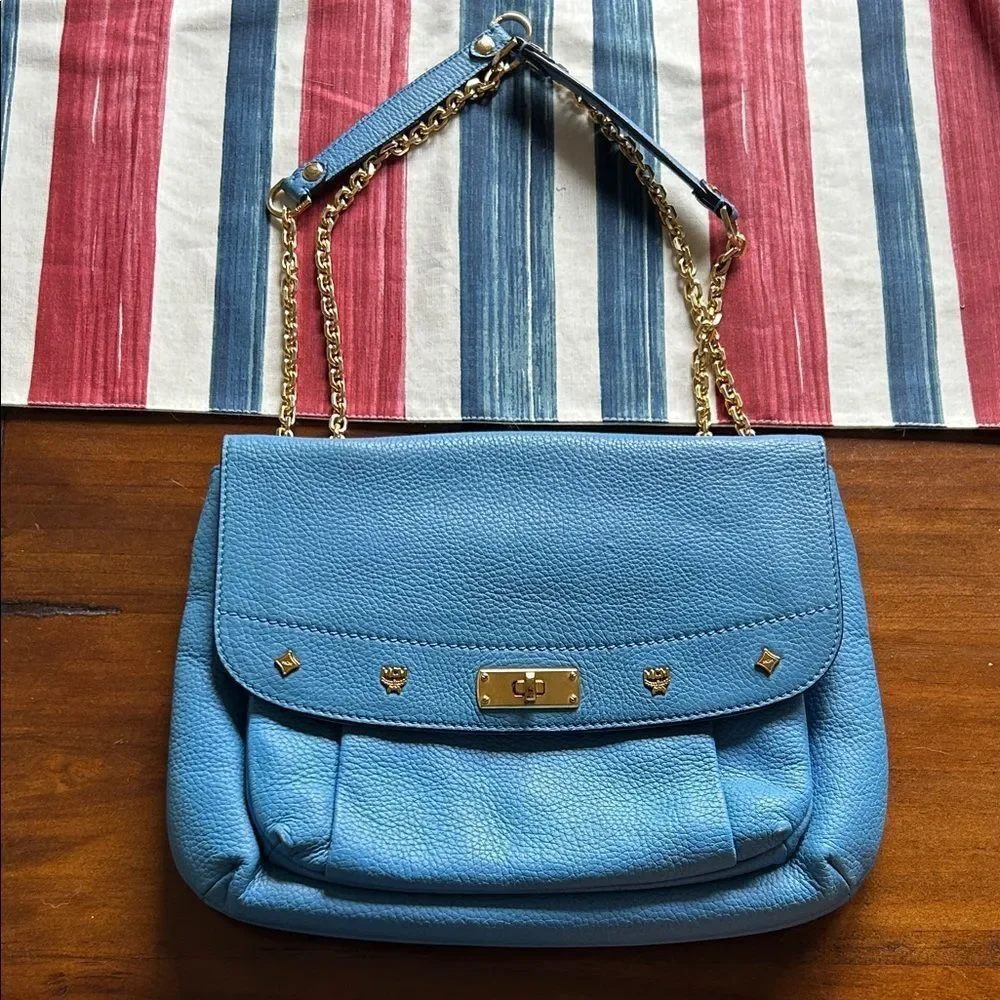 MCM Sky Blue Leather Shoulder Bag with Gold Chain impeccable